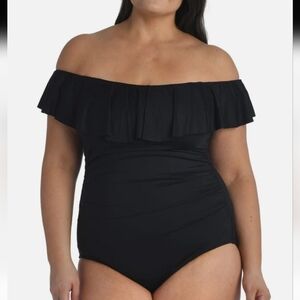 La Blanca Island Goddess Off Shoulder Back Tie Ruffle One Piece Black Size 12